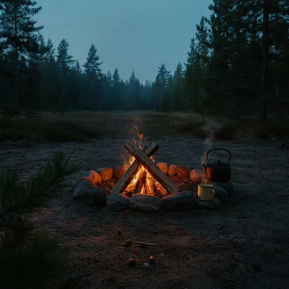 A campfire burning in a stone ring in a forest clearing at dusk
