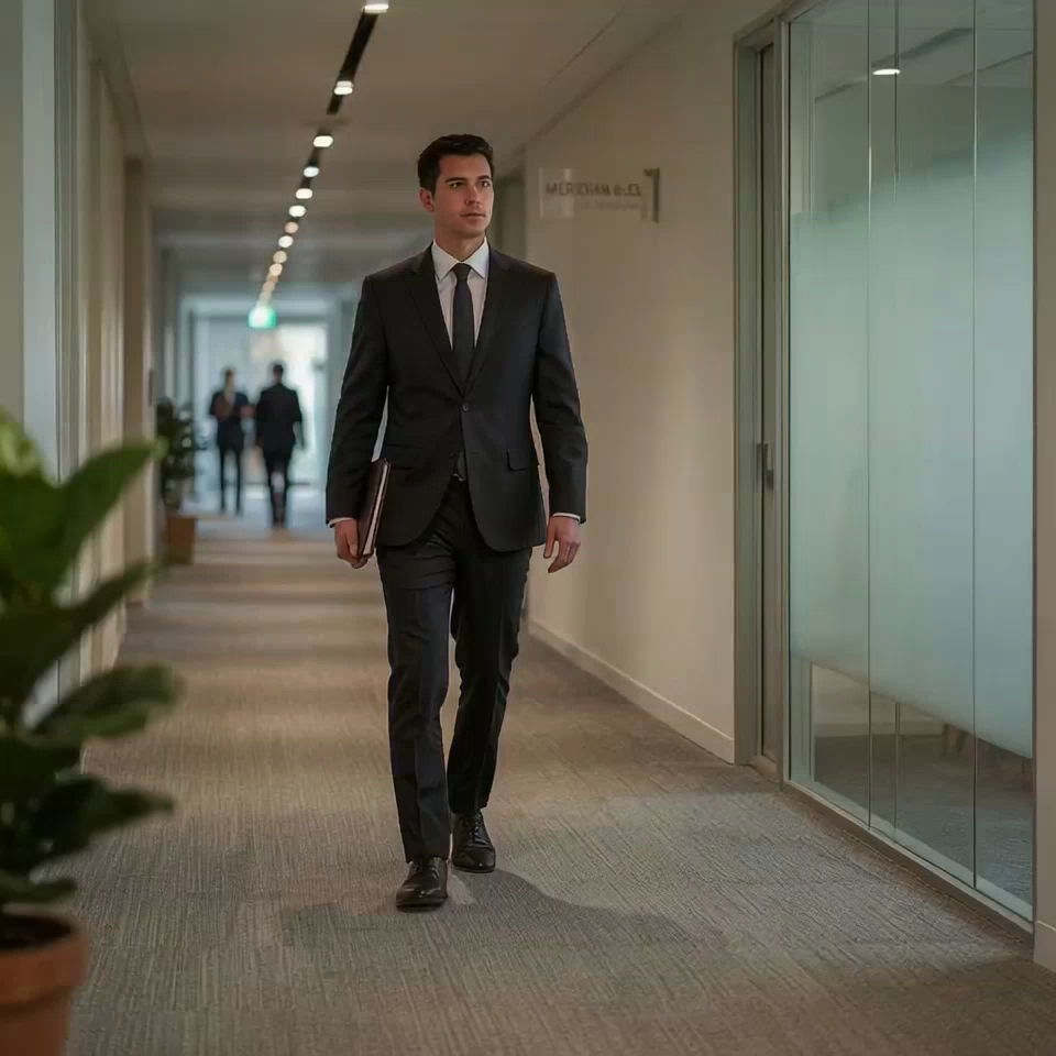 A man in a dark suit walking down an office corridor