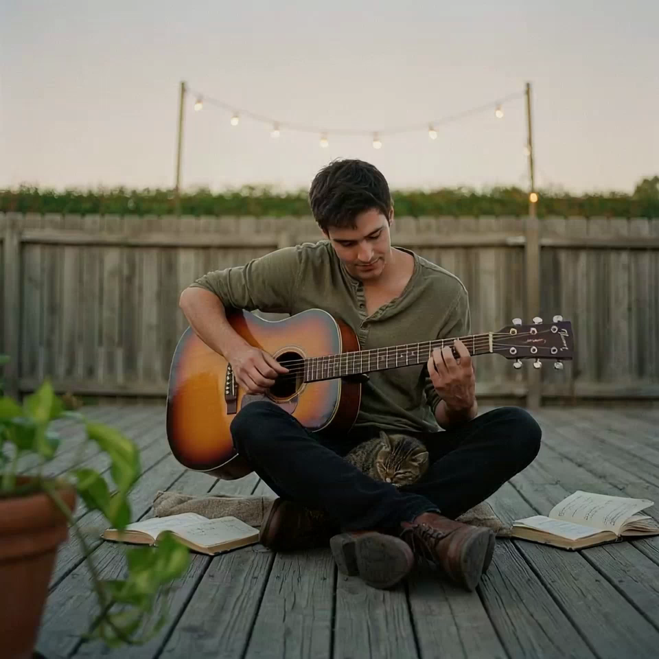 A man playing an acoustic guitar on a sunlit wooden deck