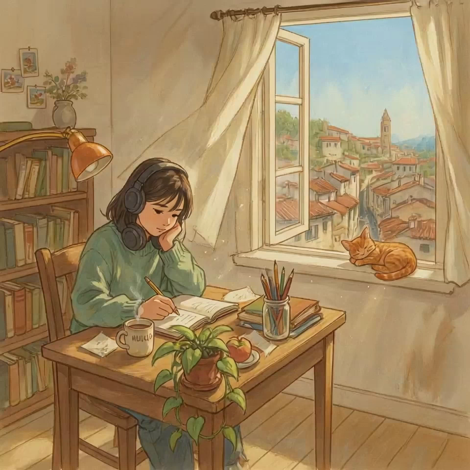An illustrated girl in a green sweater writing at a desk by a sunlit window