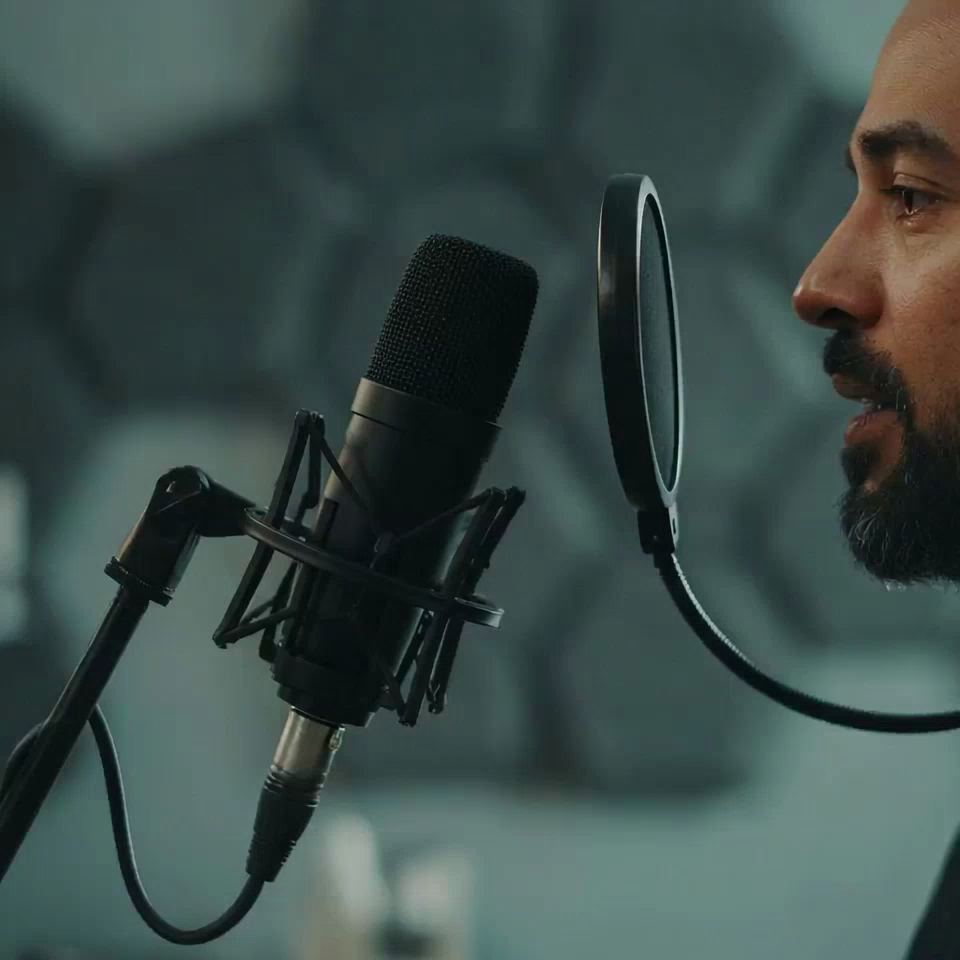 A man with a beard speaking into a studio microphone, seen in profile at the edge of the frame