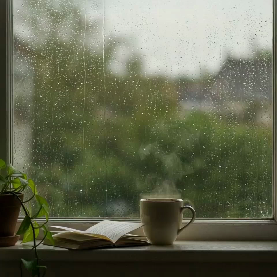 Rain running down a window pane above a book and a steaming mug on the sill