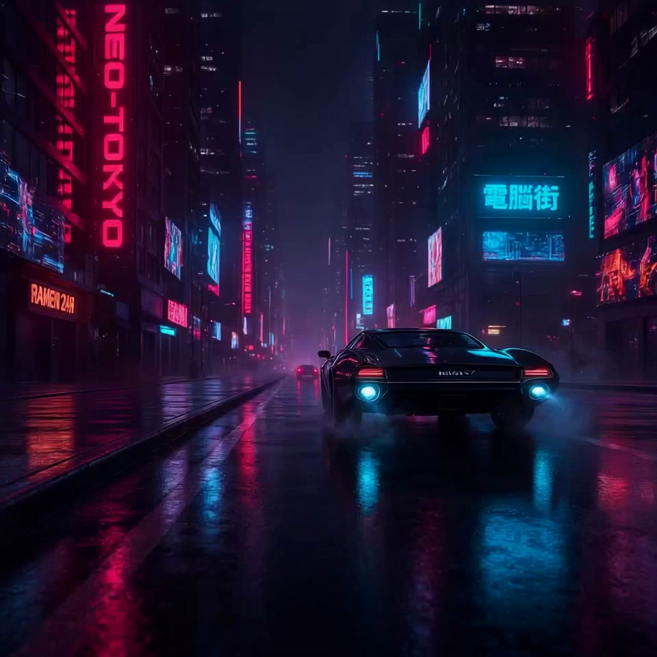 A car on a neon-lit city street at night in the rain