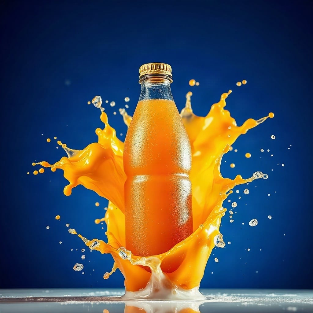An orange sports drink bottle bursting from a splash