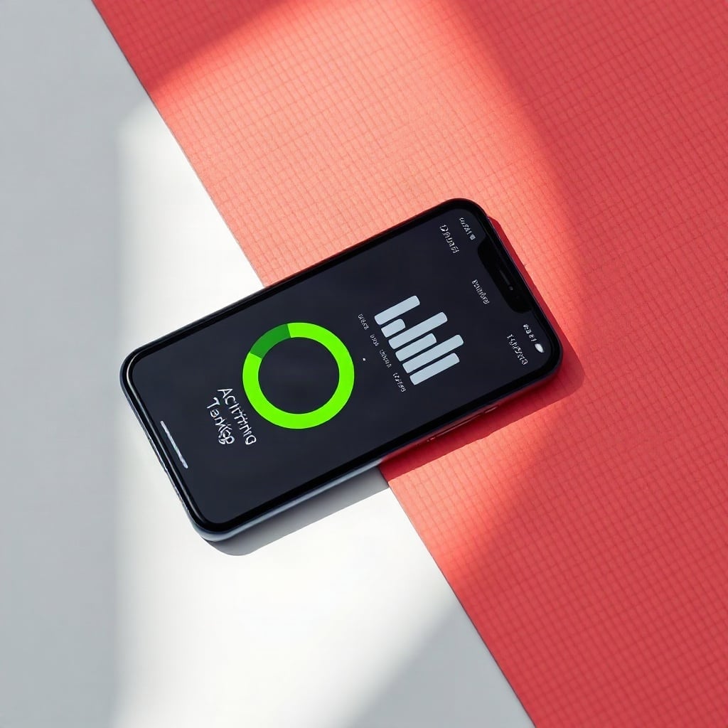 A phone showing a fitness app activity ring on a red mat