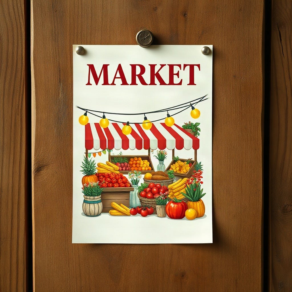 A farmers market flyer with striped stalls under string lights