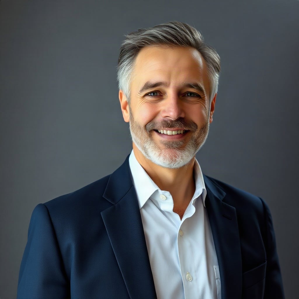 A studio headshot of a smiling bearded man in a navy blazer