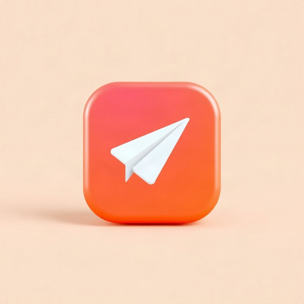 A glossy app icon of a white paper plane on an orange gradient