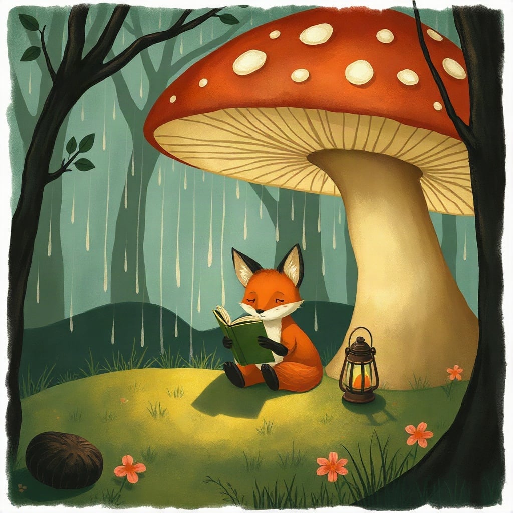 A fox reading a book under a giant mushroom in the rain