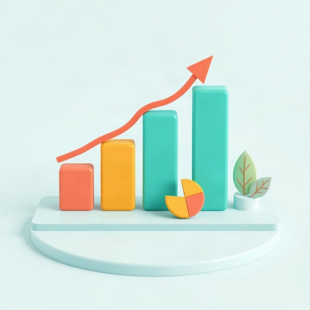 A 3D chart of rising bars with a curved arrow and a pie chart