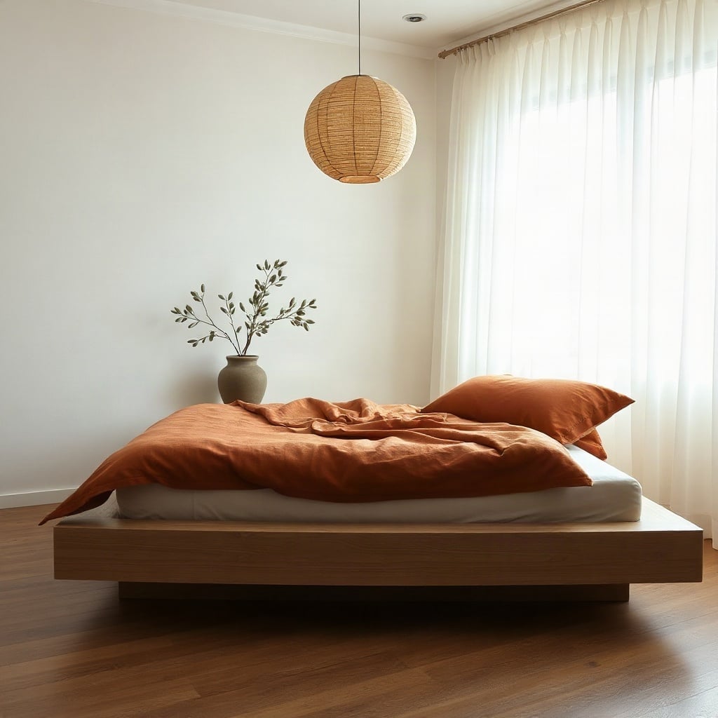 A Japandi bedroom with a low oak bed and rust linen