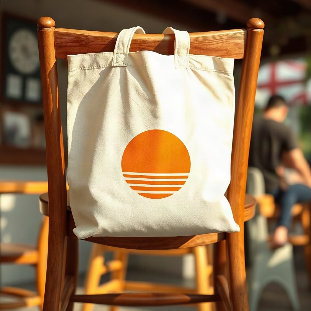 A canvas tote bag with an orange sunset print on a cafe chair