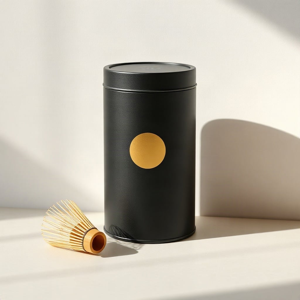 A matte black tea tin with a gold circle beside a bamboo whisk