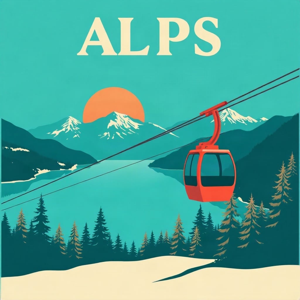 A retro ALPS travel poster with a red cable car over a lake