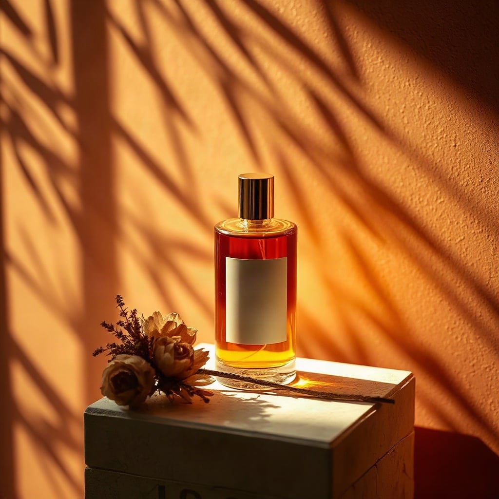 An amber perfume bottle on a travertine block in warm sunlight