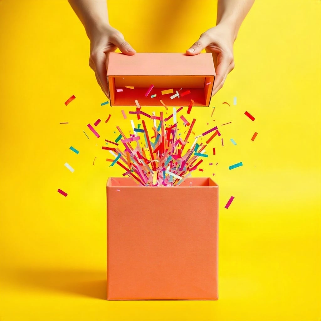 Hands lifting the lid off a coral gift box as confetti bursts out