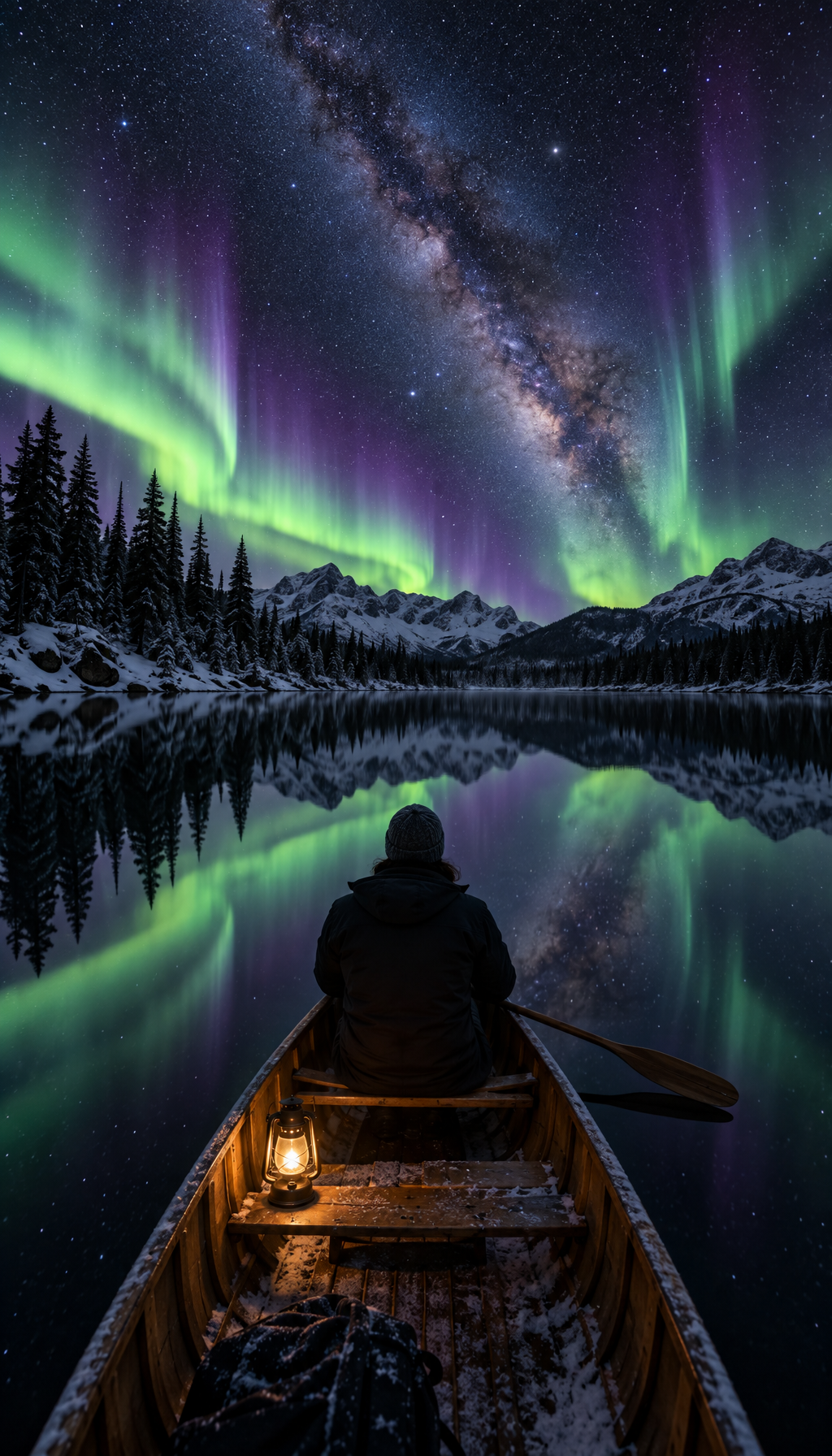 A lone person in a wooden canoe on a still black lake under a green and violet aurora