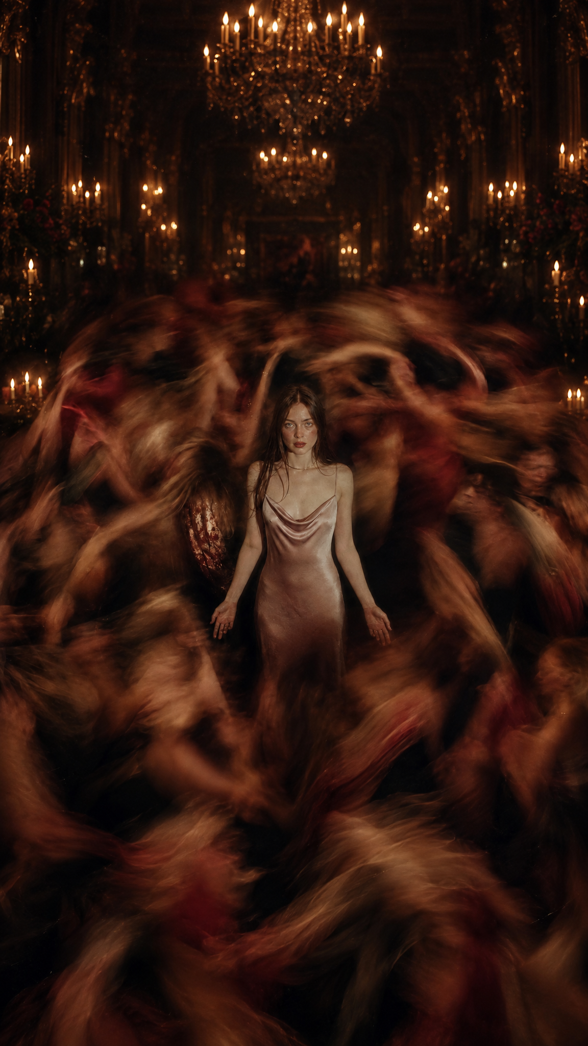 A woman in a pink satin gown standing still in a candlelit ballroom while couples waltz around her