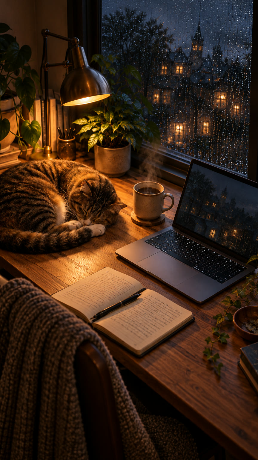 A cat asleep beside a laptop at a rainy night window, lit by a desk lamp