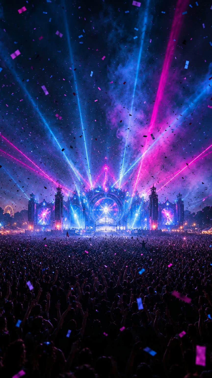 A night festival crowd with raised hands under blue and magenta lasers