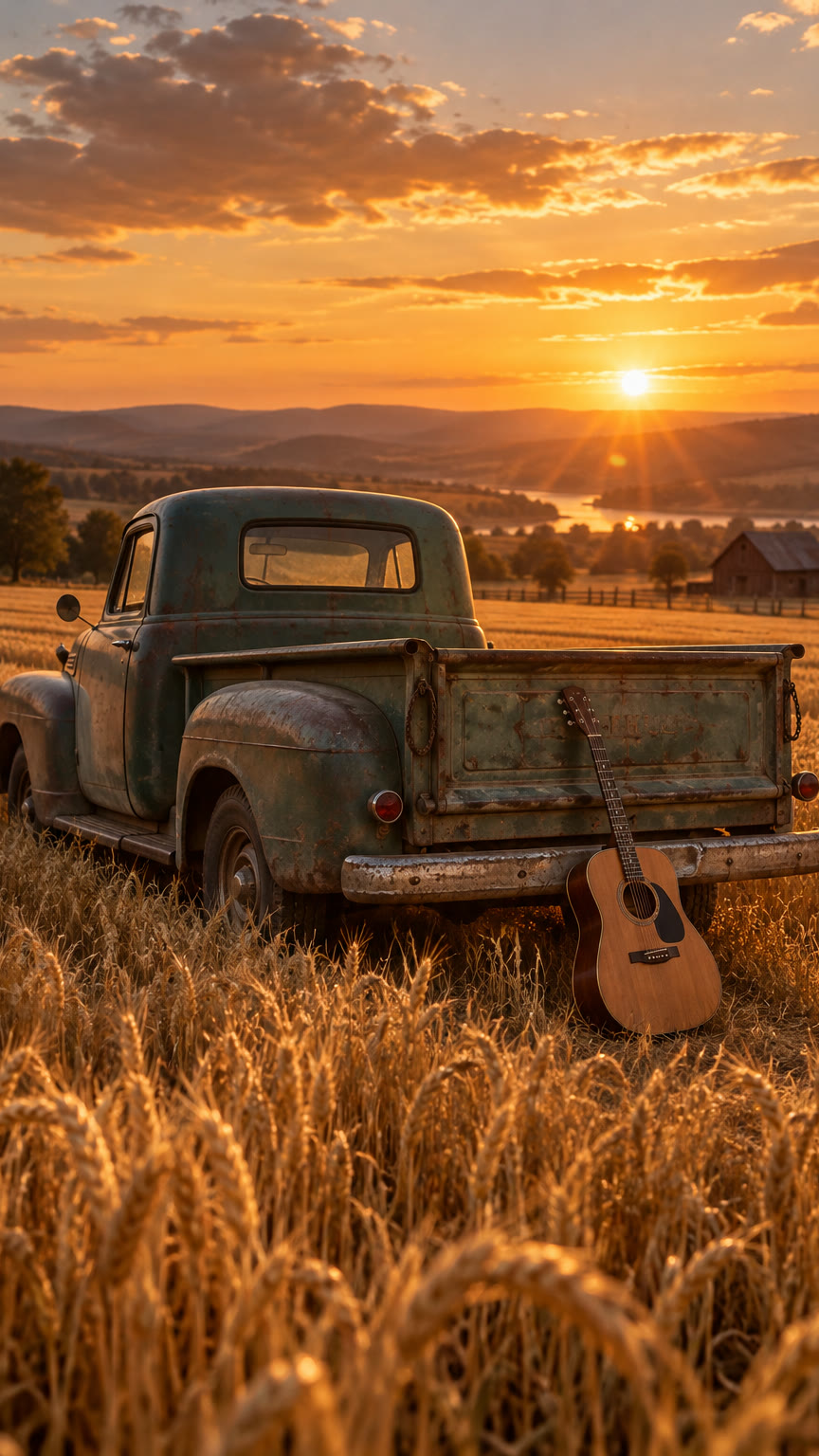 A vintage pickup truck and an acoustic guitar in a golden wheat field at sunset