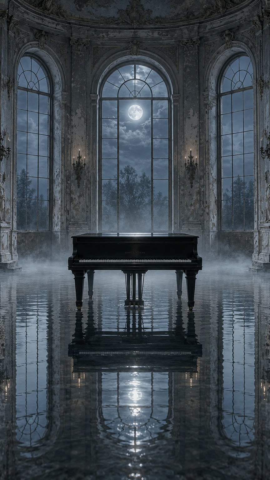 A black grand piano standing in a moonlit, flooded ballroom