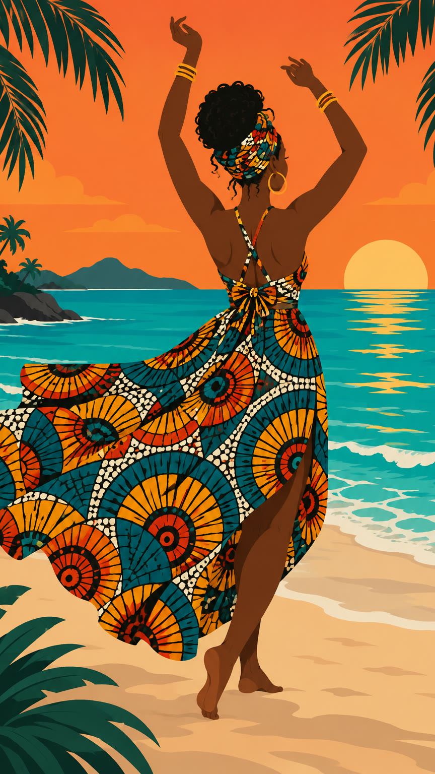 An illustrated woman in a bold print dress dancing on a beach at sunset
