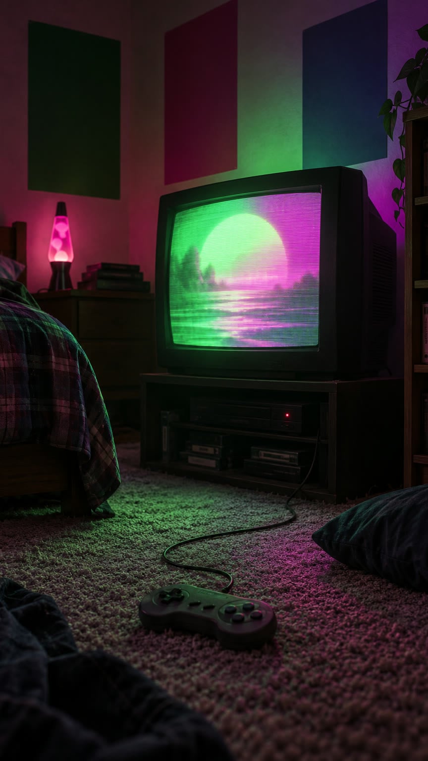 A glowing CRT television and a wired controller in a dark 90s bedroom