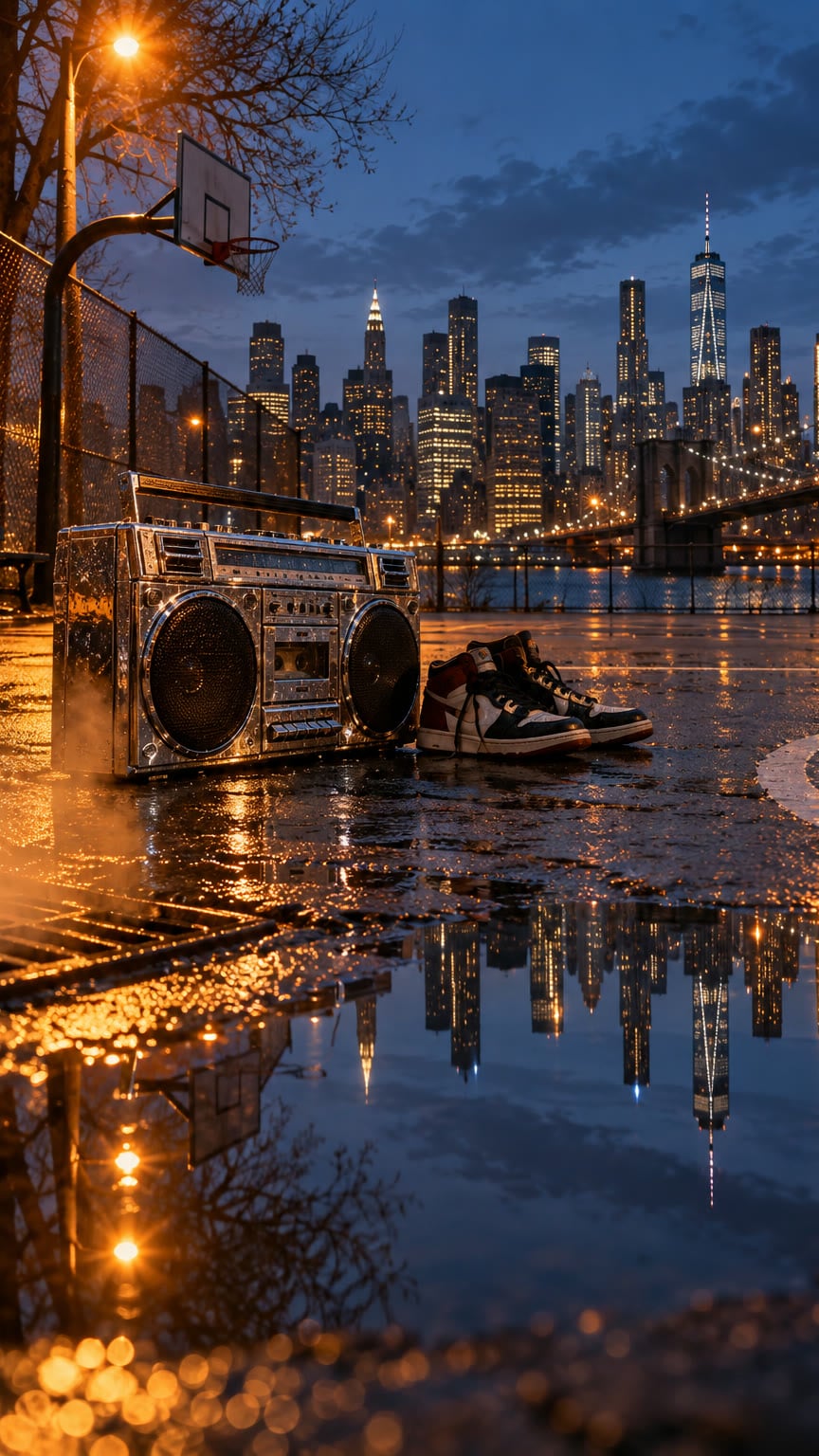 A chrome boombox and sneakers on a wet basketball court at blue hour