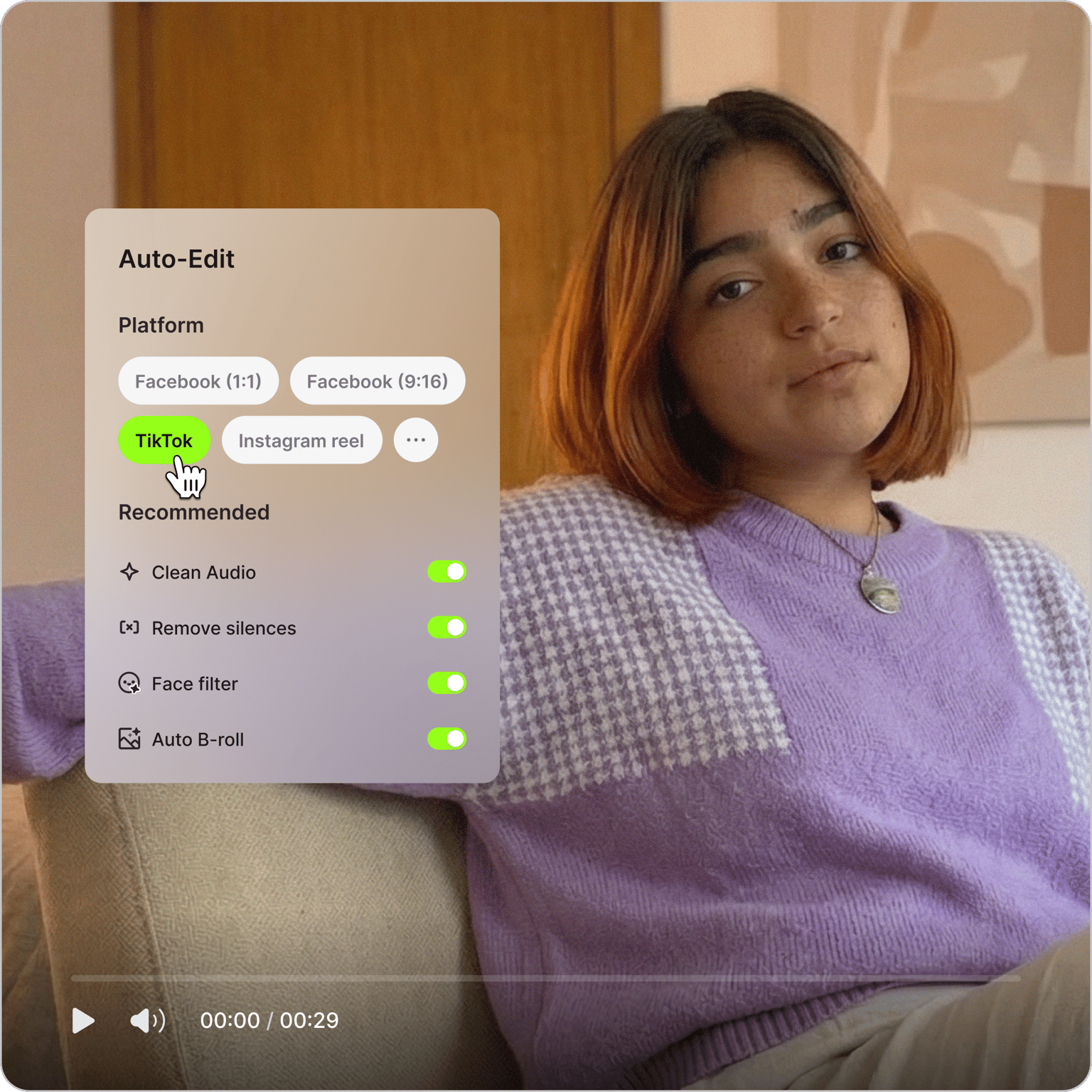 Интерфейс AI Video Editor в VEED.IO с панелью Auto-Edit и настройками Clean Audio, Remove silences, Face filter и Auto B-roll