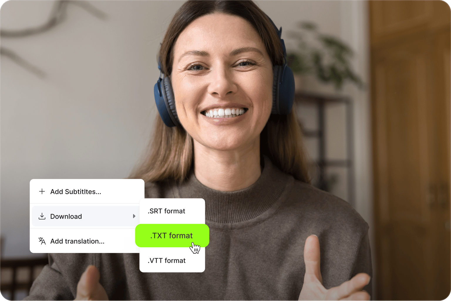 Меню скачивания субтитров в VEED.IO с форматами SRT, TXT и VTT