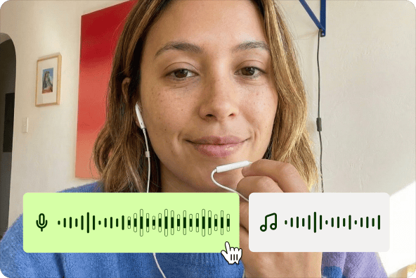Voice recorder app showing a woman speaking into wired earphones with audio waveforms overlaying the screen