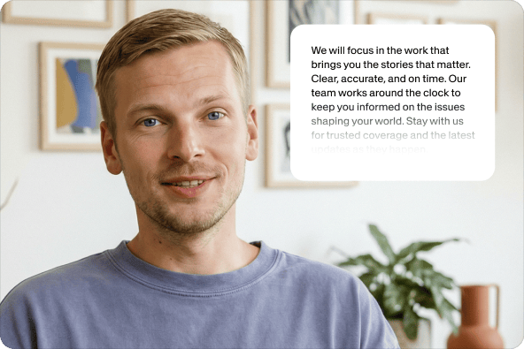 Voice recorder app feature showing a man speaking with transcribed speech overlay text next to him