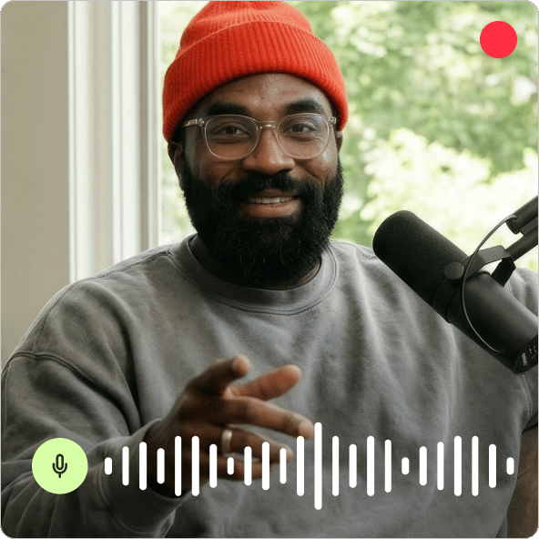 Man speaking into a microphone with a voice recorder waveform and recording icon overlay.