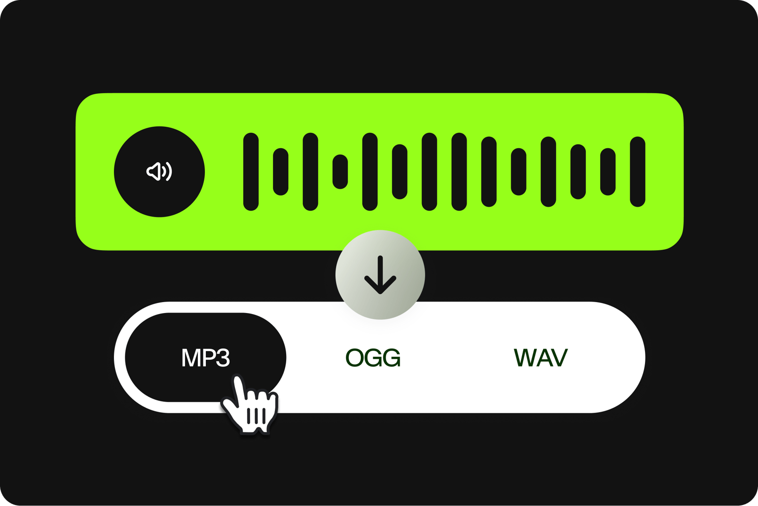 Audio file conversions graphic showing a cursor selecting MP3 below a green waveform for format conversion