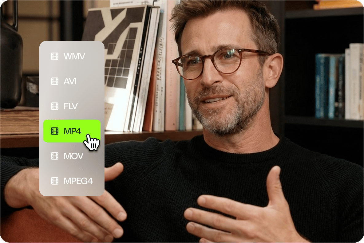 Man talking with a file conversion menu overlay selecting MP4 format within the VEED video converter tool.