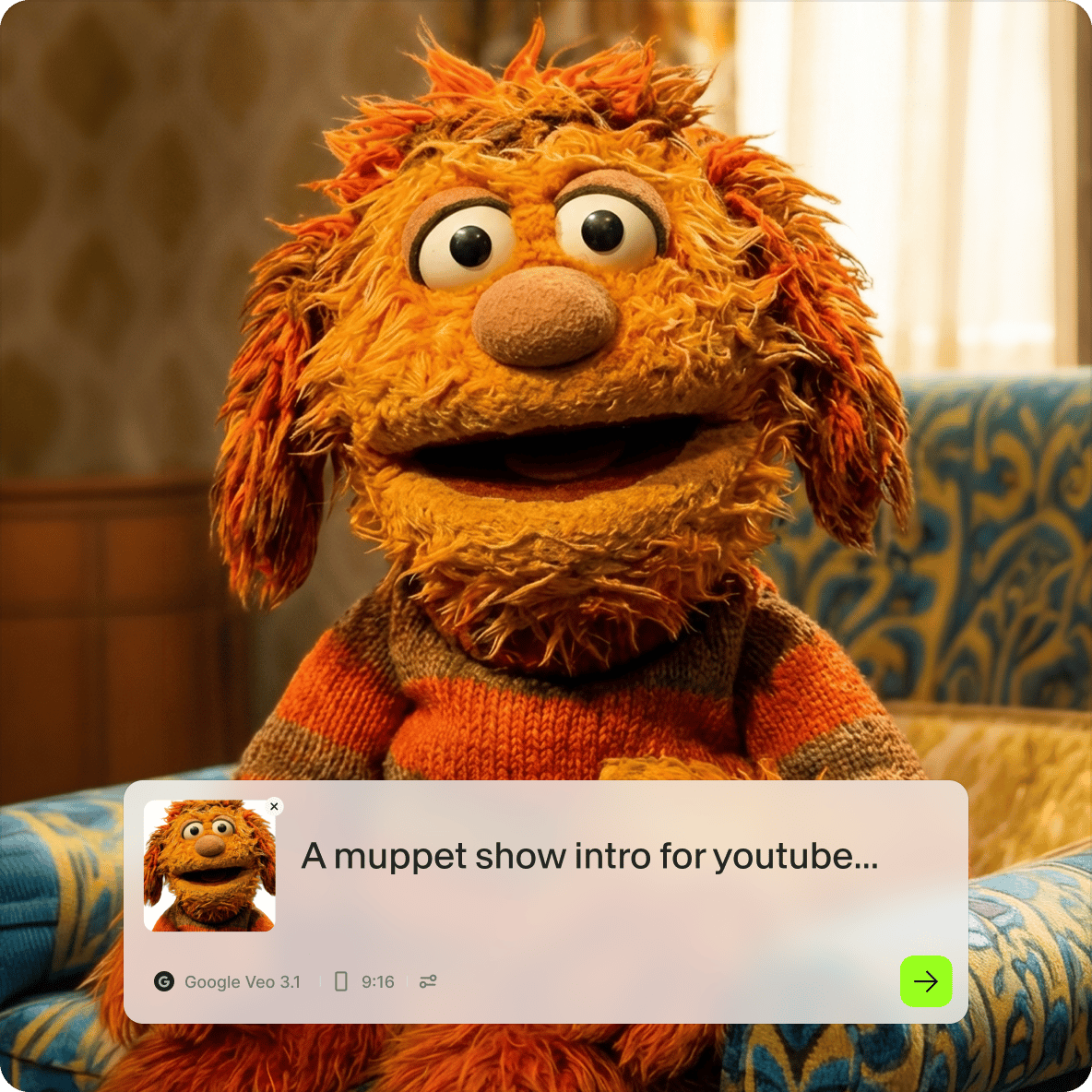 Furry orange muppet puppet sitting in a chair generated from a YouTube intro prompt in VEED AI animation software.