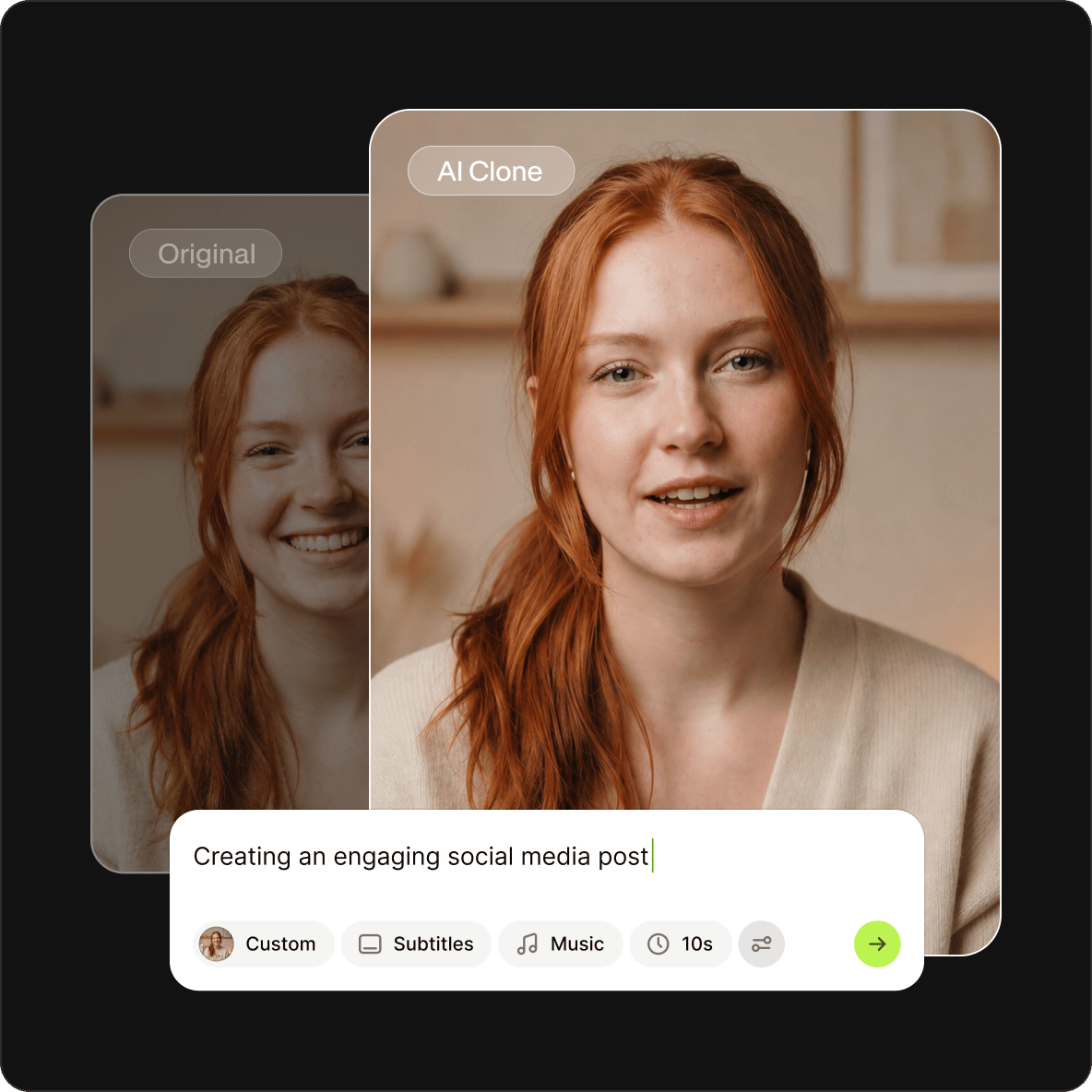 Redhead woman side by side comparison of Original video and VEED AI Clone generator tool.