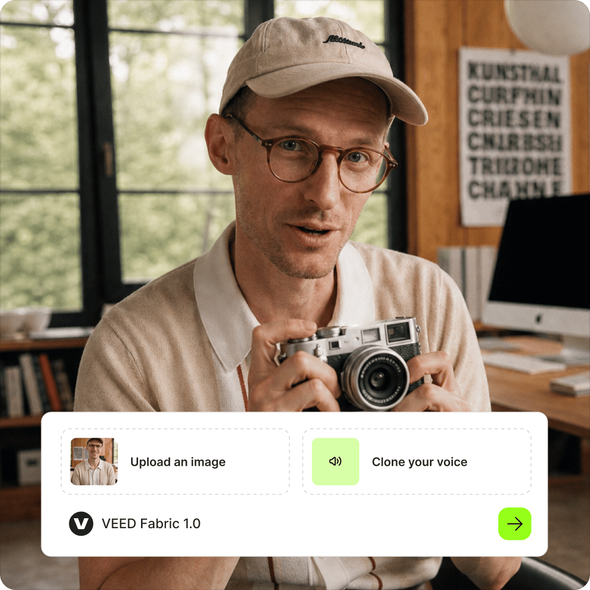 Man wearing a cap and holding a vintage camera with an overlay displaying VEED Fabric 1.0 character upload tools.