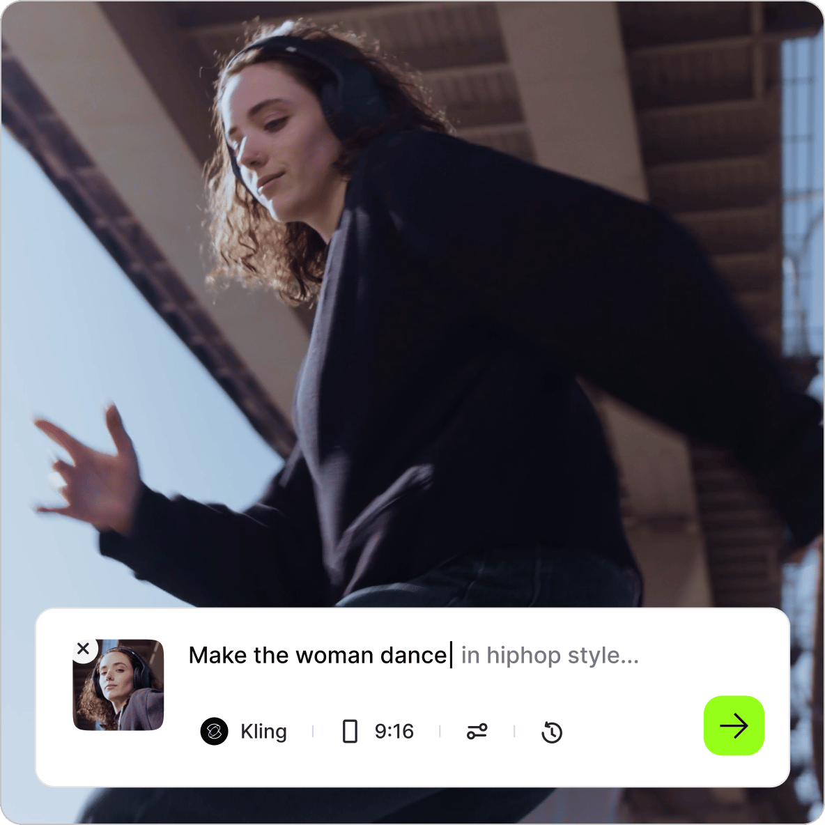 Woman in a green shirt dancing on a basketball court with a side by side preview panel from a text to video AI tool.