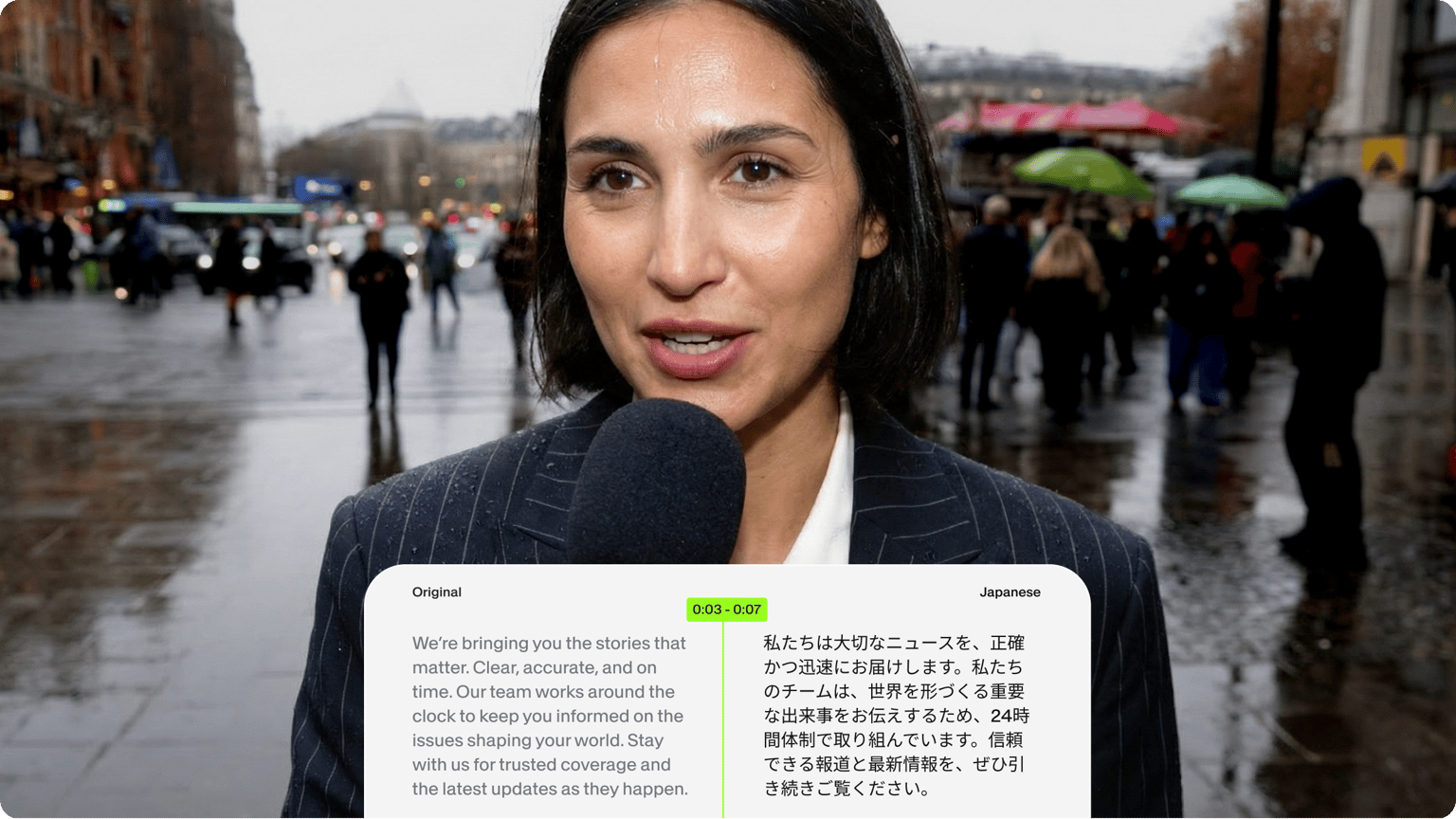 VEED's AI Dubbing feature showing a document with English text on the left and yellow-highlighted translated text on the right.
