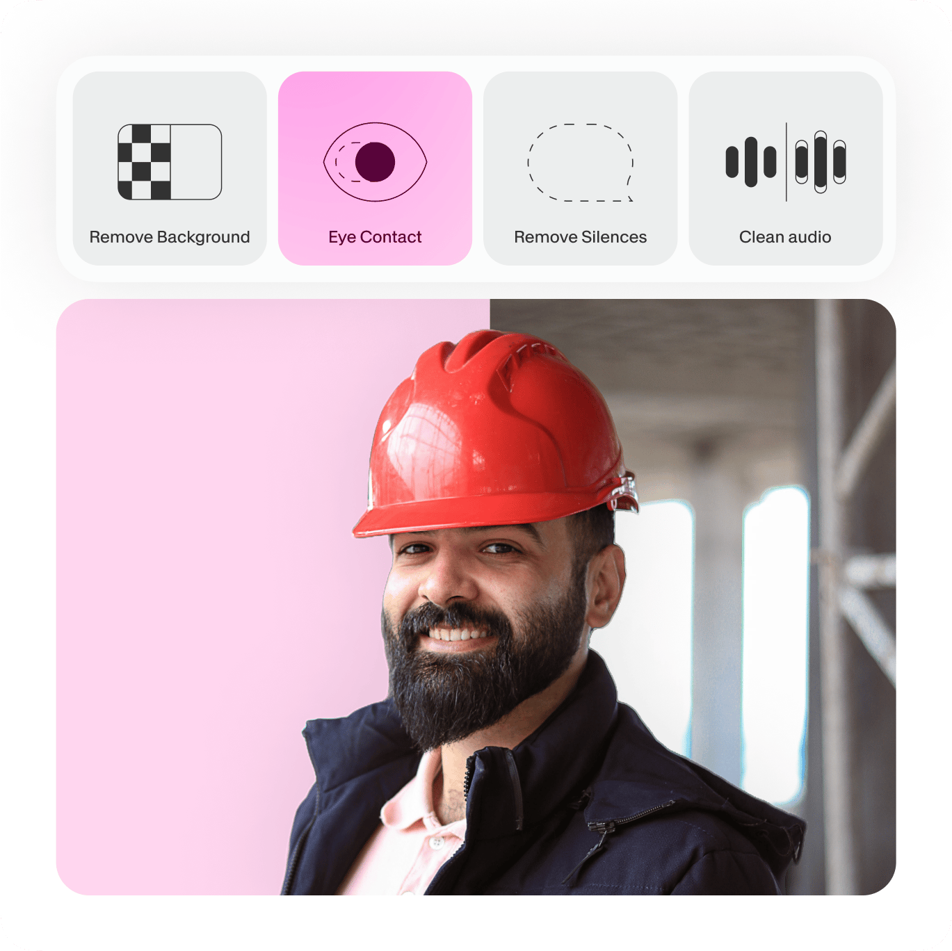 VEED's AI Editing suite displaying automated tools: Remove Background, Face Comfort, Remove Blinking, and Clean Audio.