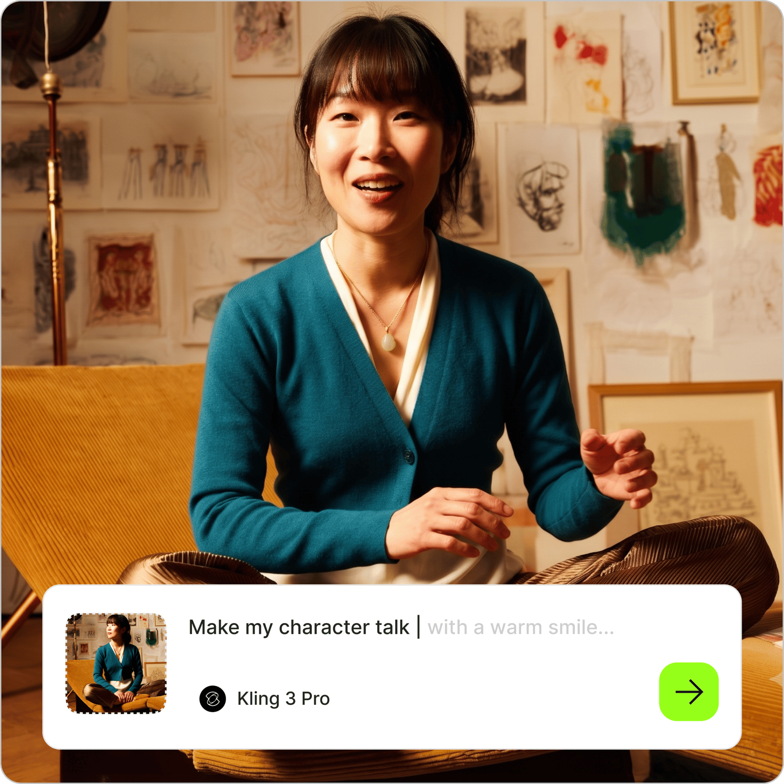 AI image animator tool showing a talk prompt bar overlay over a video of a smiling woman sitting in an art studio
