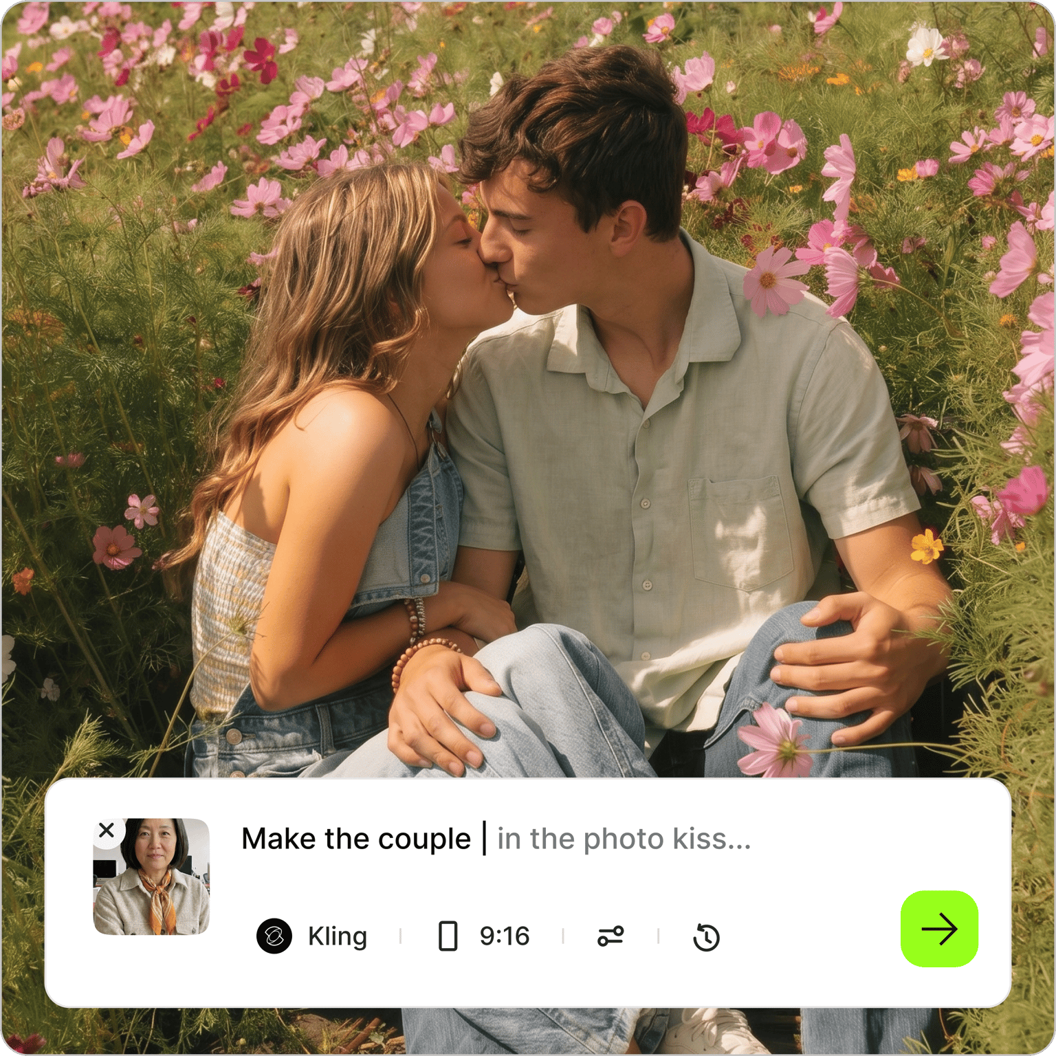 Young couple kissing in a flower field with a text prompt window for an AI video generator interface.
