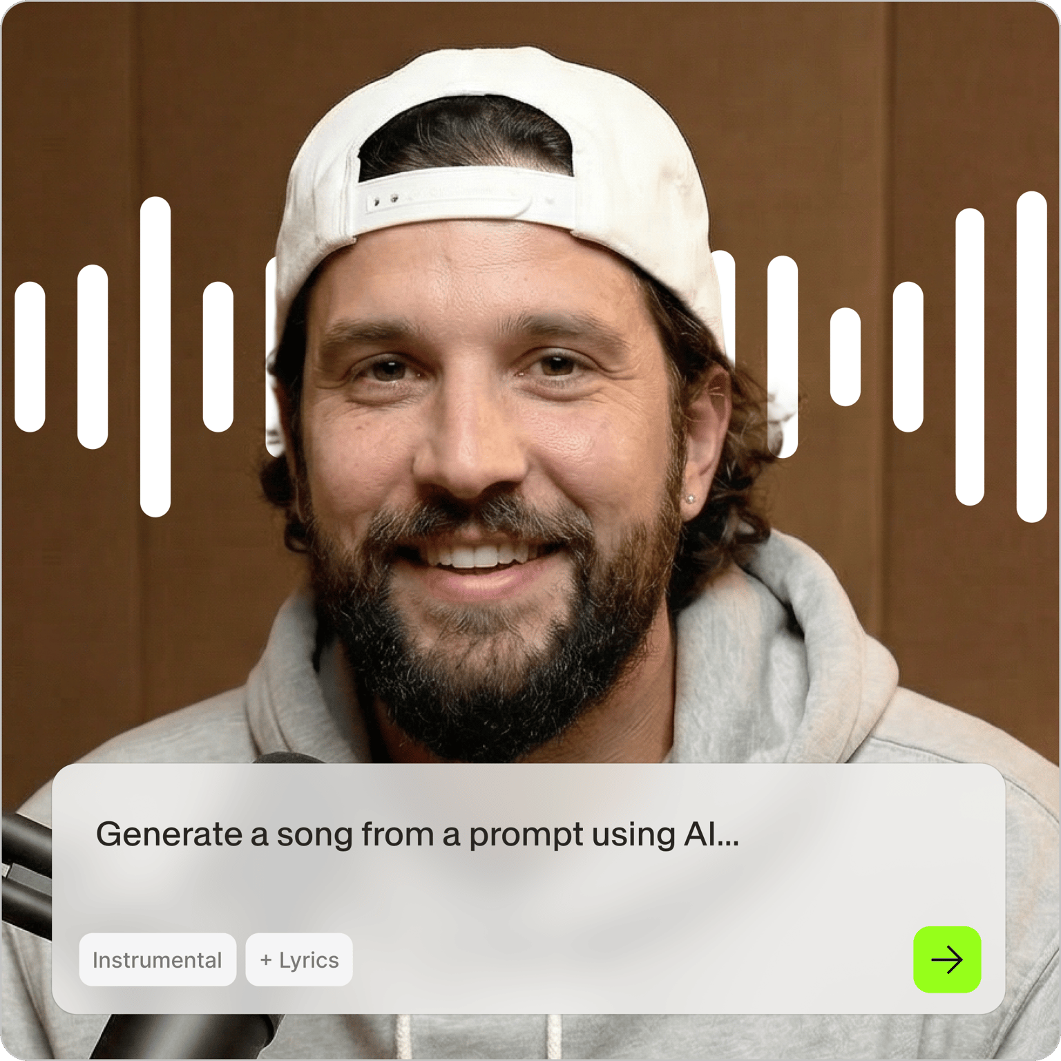 Man in backwards cap beside same generate a song from a prompt using AI box with instrumental and lyrics toggles