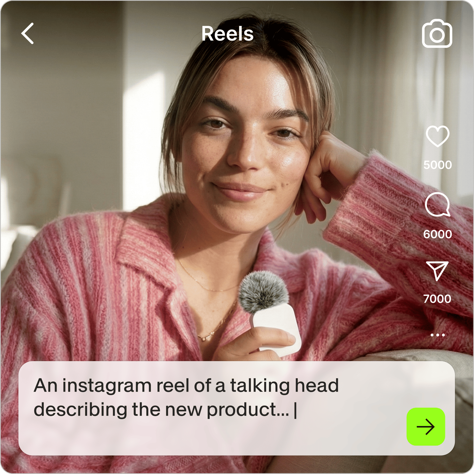 AI reel generator prompt over an Instagram reel of a smiling woman in a pink sweater holding a mini microphone