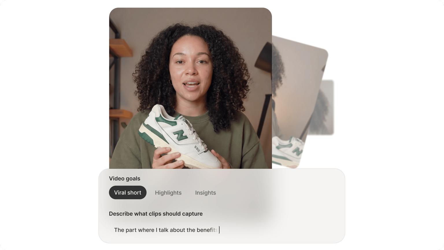 Woman holding a sneaker with an AI short video creator menu selecting viral short goal based on benefits text prompt.
