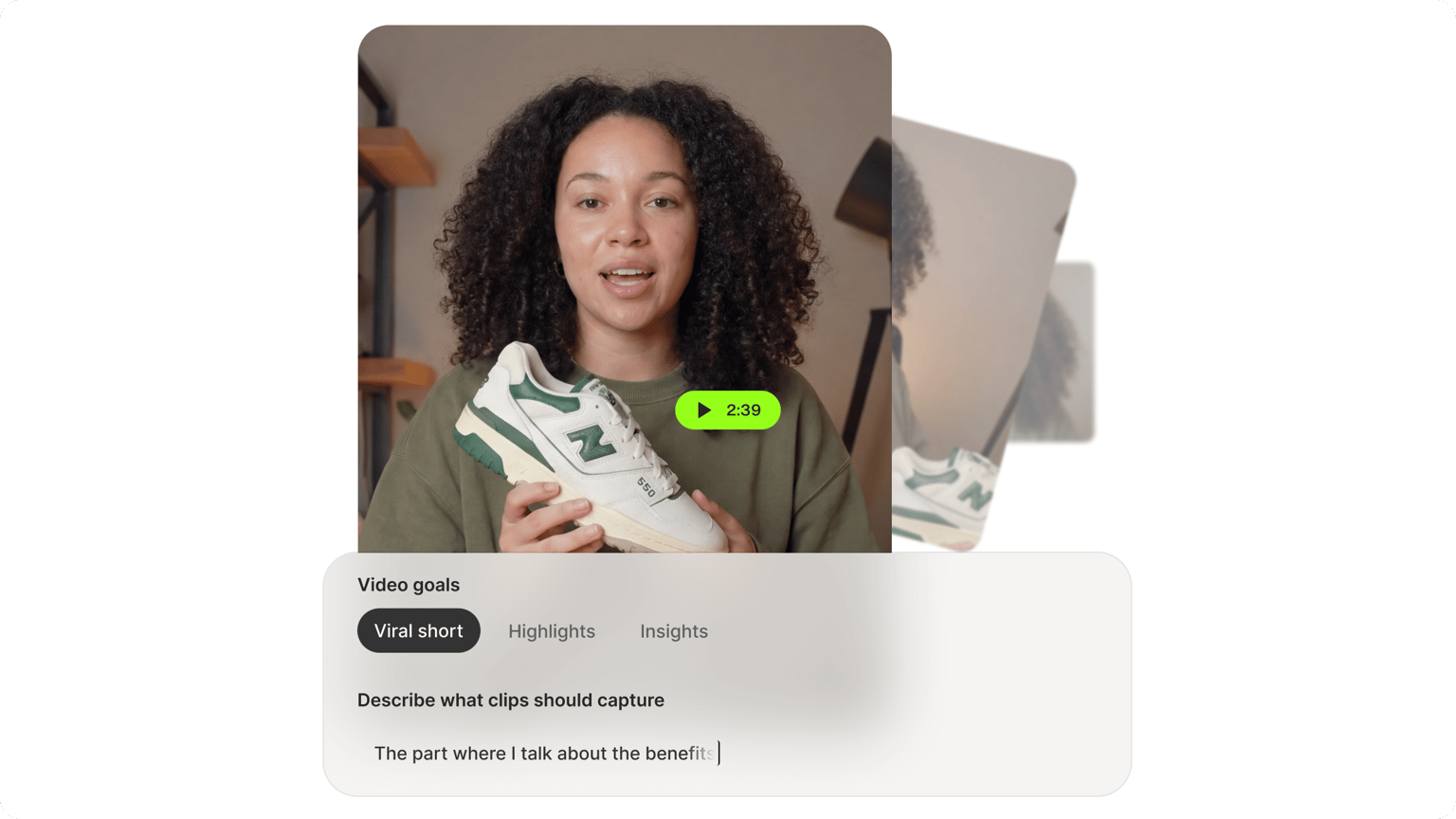 Woman holding a sneaker with an AI short video creator menu selecting viral short goal based on benefits text prompt.