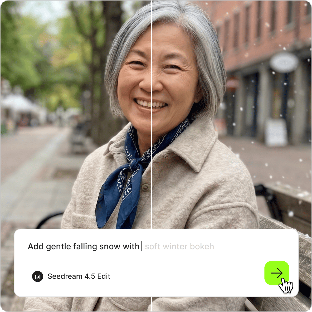 Before and after portrait of a woman with grey hair shows falling snow and bokeh added via an AI prompt input.