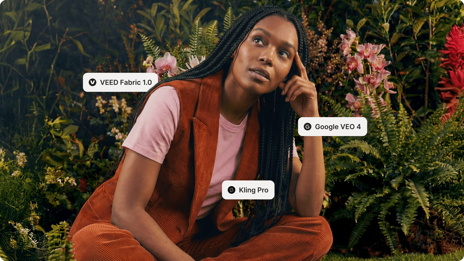 AI video generator walkthrough image showing a thinking woman surrounded by tags for VEED Fabric Kling and Google VEO